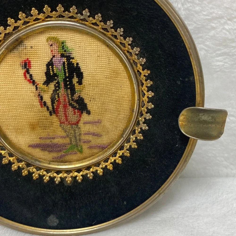 VTG‎ Micro Needlepoint Ashtray Figure Man Brass Trim Black